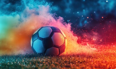 Naklejka premium Dynamic soccer ball surrounded by colorful smoke and vibrant lights on grass field