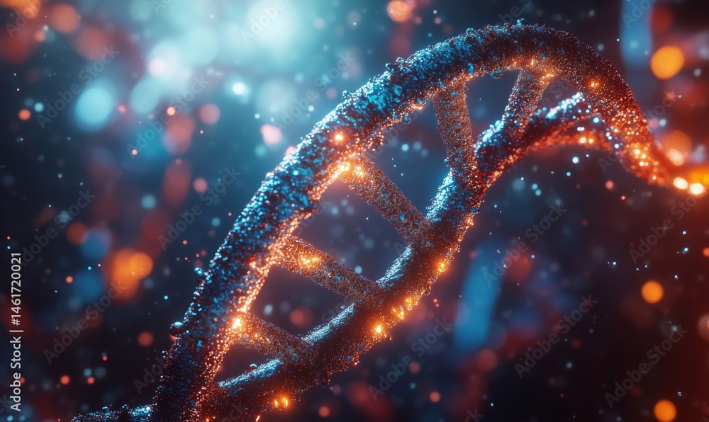 Poster stunning 3d visualization of dna helix with glowing particles and colorful background