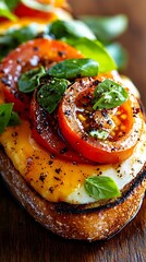 Closeup of Grilled Open-Faced Sandwich with Tomatoes, Cheese and Basil