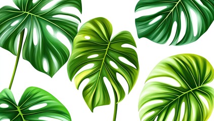 Tropical leaves, vibrant green, various shapes,  detailed illustration,  exotic foliage,  isolated on white background