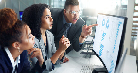 Employees, computer and night for finance, planning and graphs for data analytics in office....