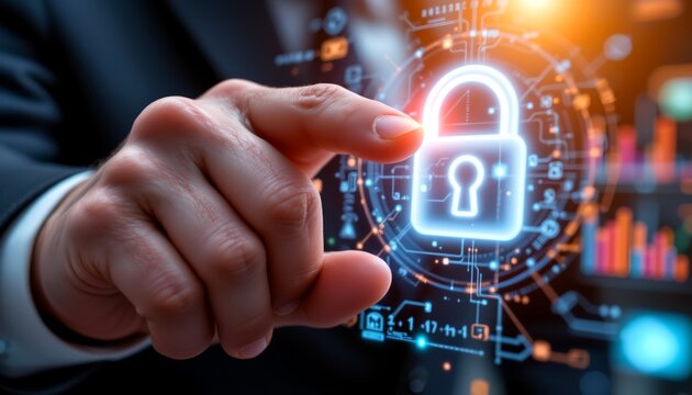 a scene of digital security and protection with a human touch. a person's hand is seen holding a computer screen displaying various icons and symbols related to cybersecurity