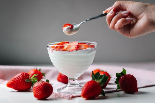 Glass of natural Greek yogurt topped with fresh sliced strawberries, with whole strawberries on the side. Simple and wholesome food setup.