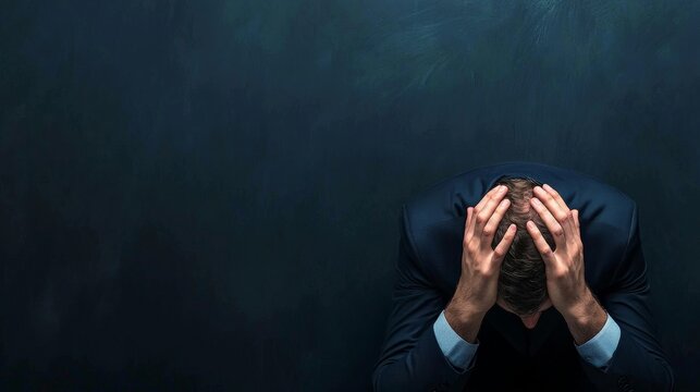 A man in a suit sits with his head in his hands against a dark background, expressing stress or despair.
