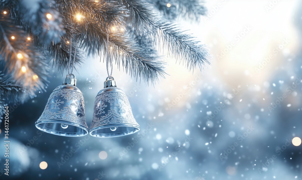 Poster christmas bells hanging from snowy pine tree branches with soft bokeh background