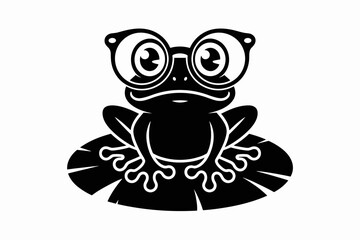 Cute Frog with Glasses – Black and White Cartoon Amphibian Vector Illustration

