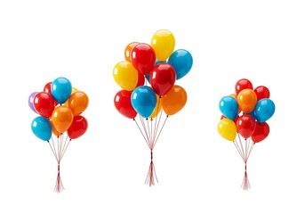 Three bunches of colorful balloons on strings floating against a stark white background space isolated