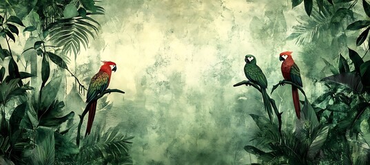 Tropical Rainforest with Colorful Birds in the Canopy