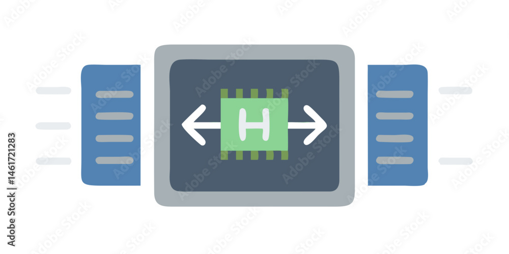Poster microchip with arrows and green circuitry in tech badge style