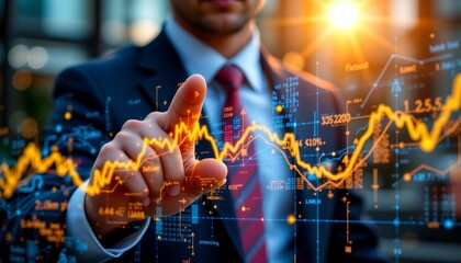 a professional individual standing in front of a digital dashboard with financial data displayed. they are holding a pen and pointing towards the screen