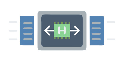 Microchip with arrows and green circuitry in tech badge style