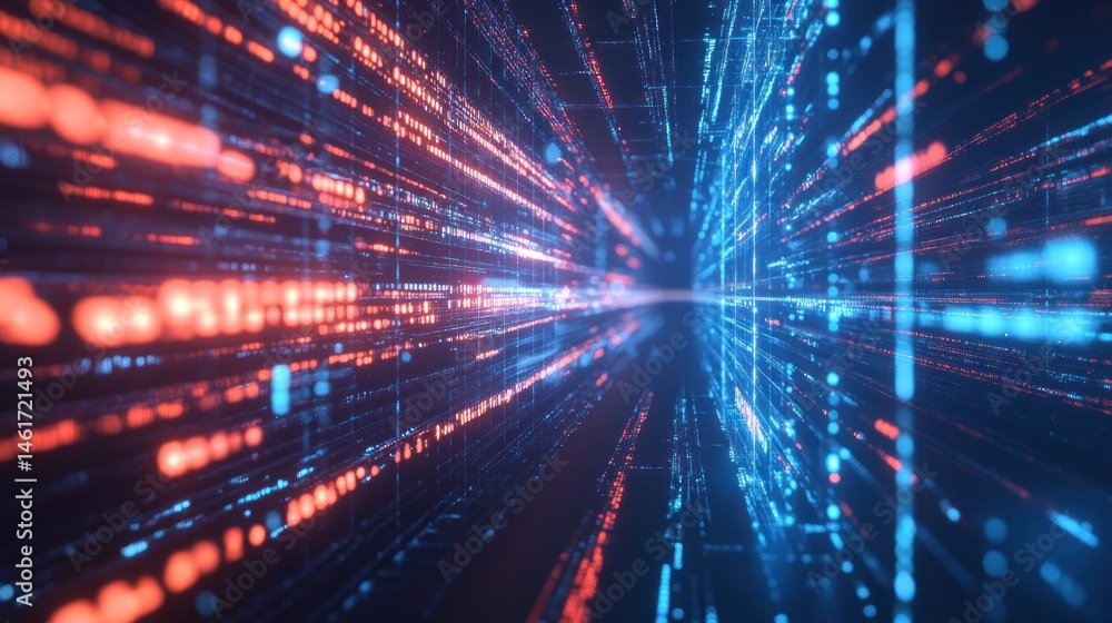 Aufkleber abstract digital data stream tunnel with glowing red and blue lines.