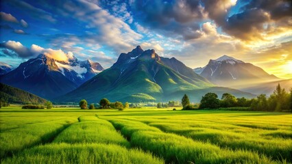 Fototapeta premium AI Generated Landscape Photography: Green Grass Field Mountain Scenery, Nature Portrait