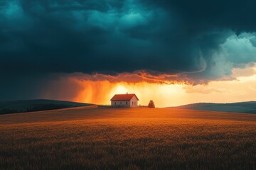 Fototapeta premium A lone house stands in a wheat field beneath a dramatic stormy sunset sky. Use this for dramatic landscape or rural scenes, and weather-related content.