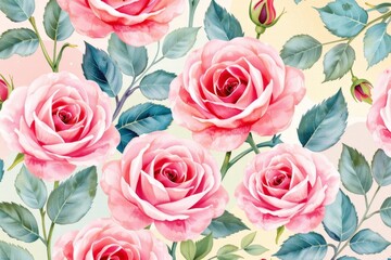 Fototapeta premium Seamless Pastel Watercolor Background with Pink Roses and Green Leaves