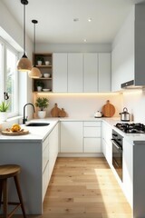 Fototapeta premium Modern white U-shaped kitchen, eco-friendly design, sustainable, simple, storage