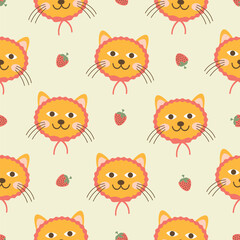Orange cat with strawberries seamless pattern. Perfect for Prints, Wrapping Paper, Wallpaper, Textiles, Stationery, and Fabric