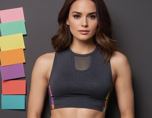 Confident Latina woman in sporty wear posing against a colorful backdrop