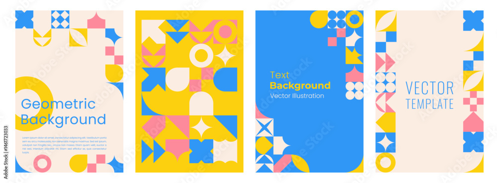 Aufkleber Geometric Abstract Posters with copy space. Colorful Vertical Background of simple geometric shapes in swiss style for Flyer, Cards, Presentation. Vector template.