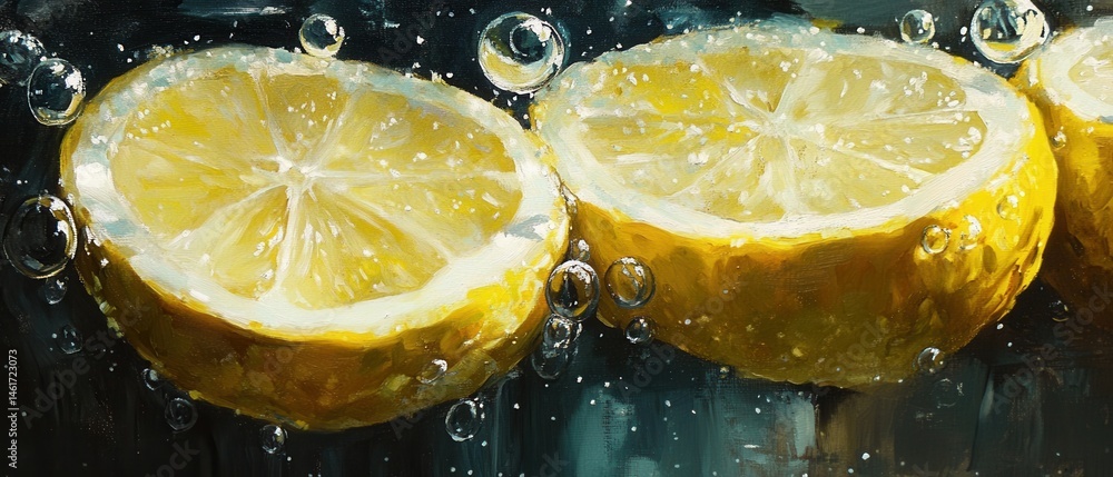 Poster lemon slices in sparkling water painting style close up view with bubbles and dark background for a 