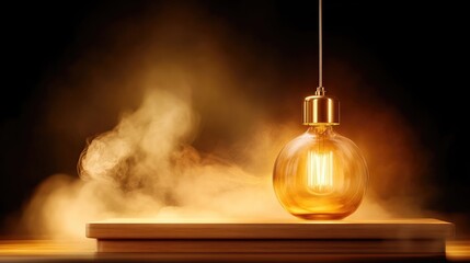 Obraz premium Warm, golden light bulb pendant, smoky atmosphere