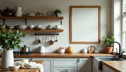 Fototapeta premium Rustic vintage kitchen, white scarf, coffee, frame mockup, wood, bag