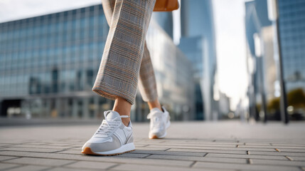 Close up of a woman legs in trousers and sneakers walking forward in a modern city.