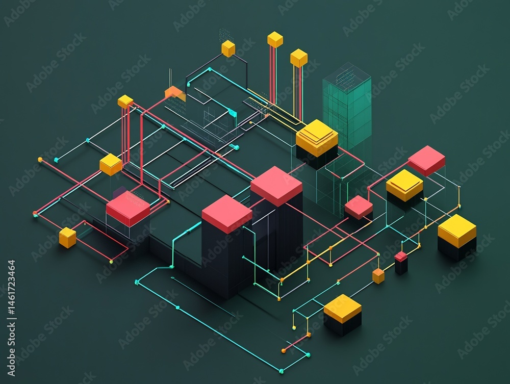 Poster isometric network visualization with interconnected cubes and vibrant lines
