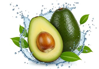 A halved avocado with seed and a whole avocado with water splash and green leaves on a white background