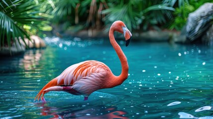 Fototapeta premium Flamingo wading in a lagoon.