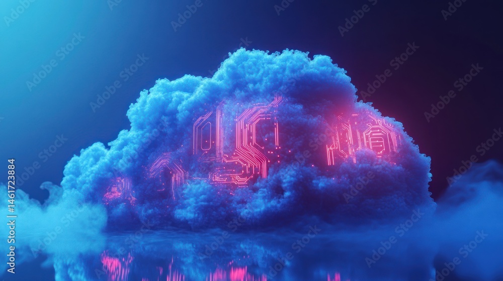 Poster glowing neon cloud computing data center symbol inside a fluffy cloud.