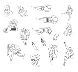 Top View Vector Set of People, Children, Dogs and Cats Relaxing or Watching TV — Floor Plan Elements