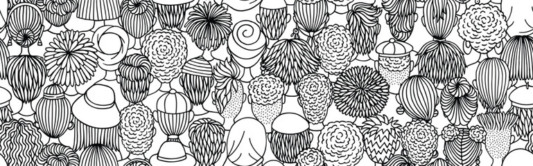 Seamless Vector Banner of Diverse Doodle Crowd in Black and White – Back View Illustration