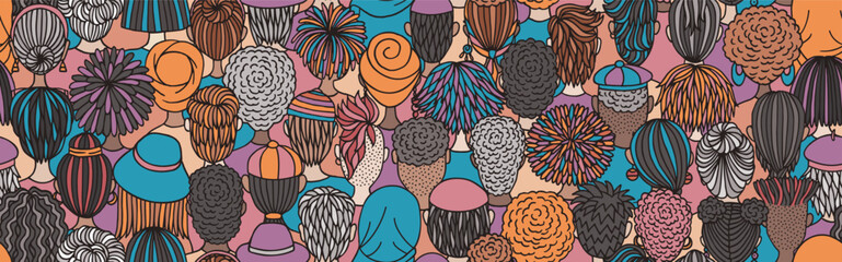 Seamless Vector Banner of Diverse Doodle Crowd – Back View Illustration
