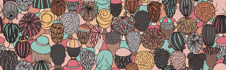 Seamless Vector Banner of Diverse Doodle Crowd – Back View Illustration