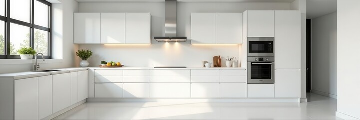 Fototapeta premium Sleek minimalist kitchen, white cabinets, stainless steel appliances, light, cooking, stainless steel