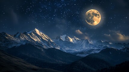 A luminous full moon rises over snow-capped mountains beneath a starlit night sky.