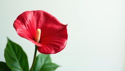 Single vibrant red anthurium, stark white Bold color, clean aesthetic, spacious , decor, studio shot, plant