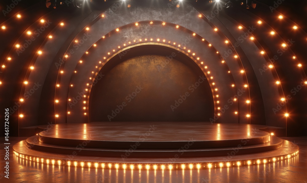 Poster illuminated stage with circular backdrop and bright lights for performances and events