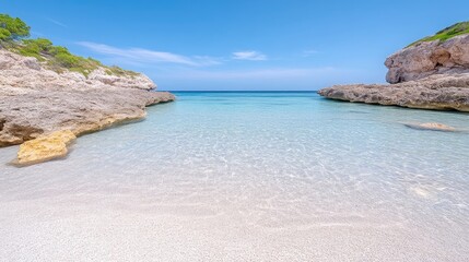 Obraz premium Pristine beach cove with crystal-clear turquoise water. Rocky formations frame tranquil, shallow bay. Sunny, idyllic scenery