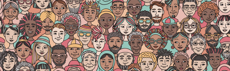 Seamless Hand-Drawn Vector Banner of Diverse Doodle Faces