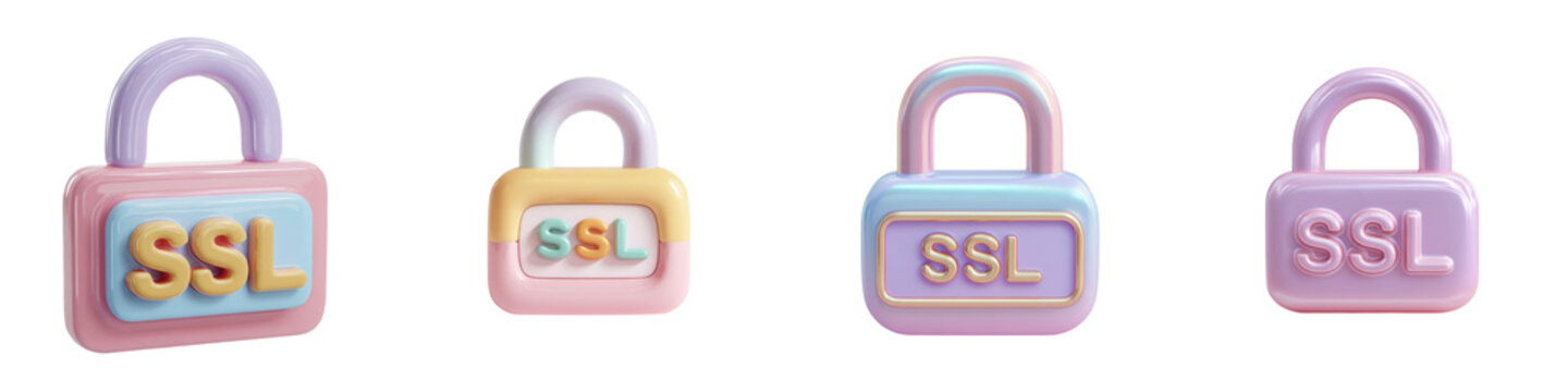 SSL certificate icon set with pastel colors, secure website concept, digital security and protection symbols. isolated on a transparent background
