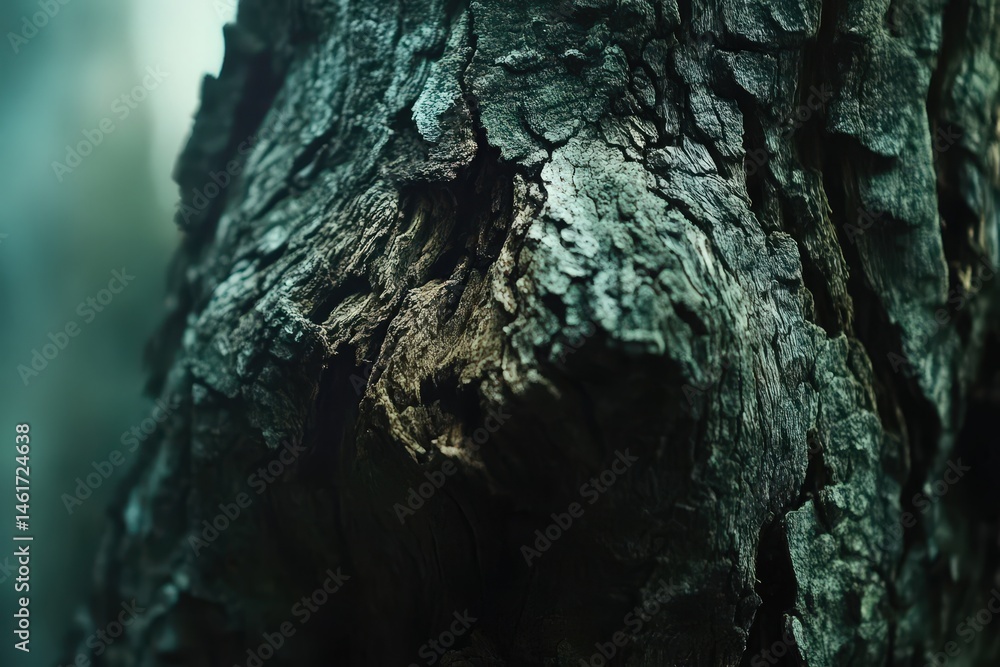 Poster close-up view of textured bark on a weathered tree trunk.