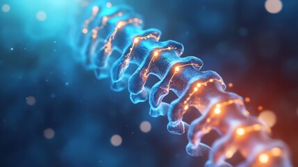A digitally rendered human spine with glowing highlights, representing anatomy, health, and biomedical technology.