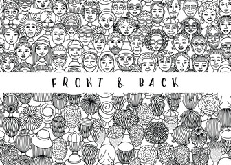 Seamless Hand Drawn Vector Banner of Diverse Doodle Faces in Black and White – Front and Back View Illustration