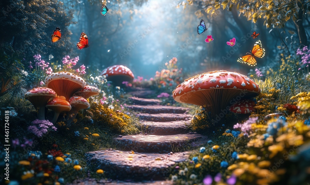 Poster enchanting forest pathway with colorful mushrooms and butterflies in magical setting
