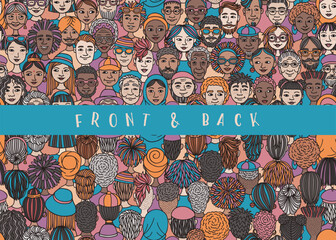 Seamless Hand Drawn Vector Banner of Diverse Doodle Faces – Front and Back View Illustration