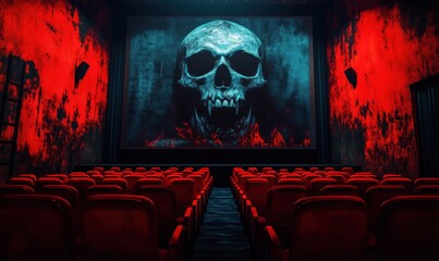 Haunting cinema interior featuring ominous skull projection and red lighting