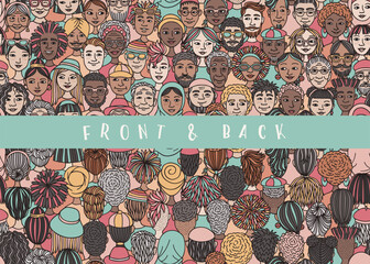 Seamless Hand Drawn Vector Banner of Diverse Doodle Faces – Front and Back View Illustration
