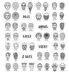 Set of Hand-Drawn Male Doodle Faces – Front and Back Vector Illustration in Black and White